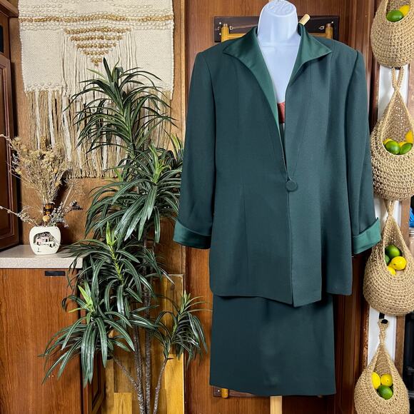 Vintage Christian Dior Wool Suit Set 14 (M/8) Forest Green Blazer Skirt USA Made - Picture 2 of 16